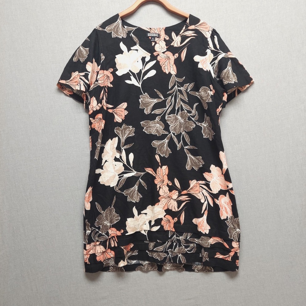 Nicole Miller Artsy Linen Blend Dress XL Floral V-Neck Romantic Moody‎ Whimsy